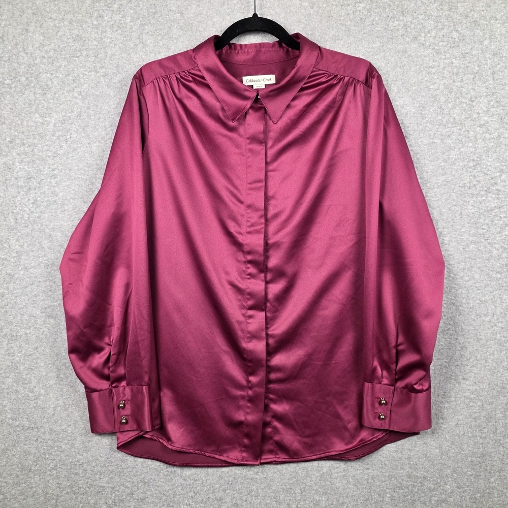 Coldwater Creek‎ Shirt Womens 1X Pink Satin Button Front Long Sleeve Blouse Top